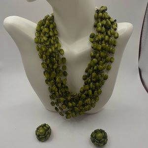 layered beaded necklace has round faceted olive green beads w/clip earrings 14”